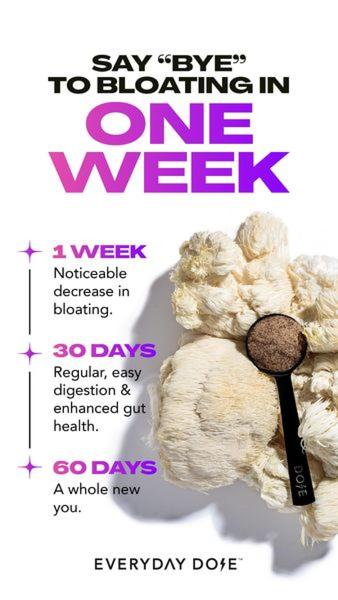 A vertical ad creative using a clean, minimalist layout to communicate a three-stage health benefit timeline for a mushroom powder supplement.